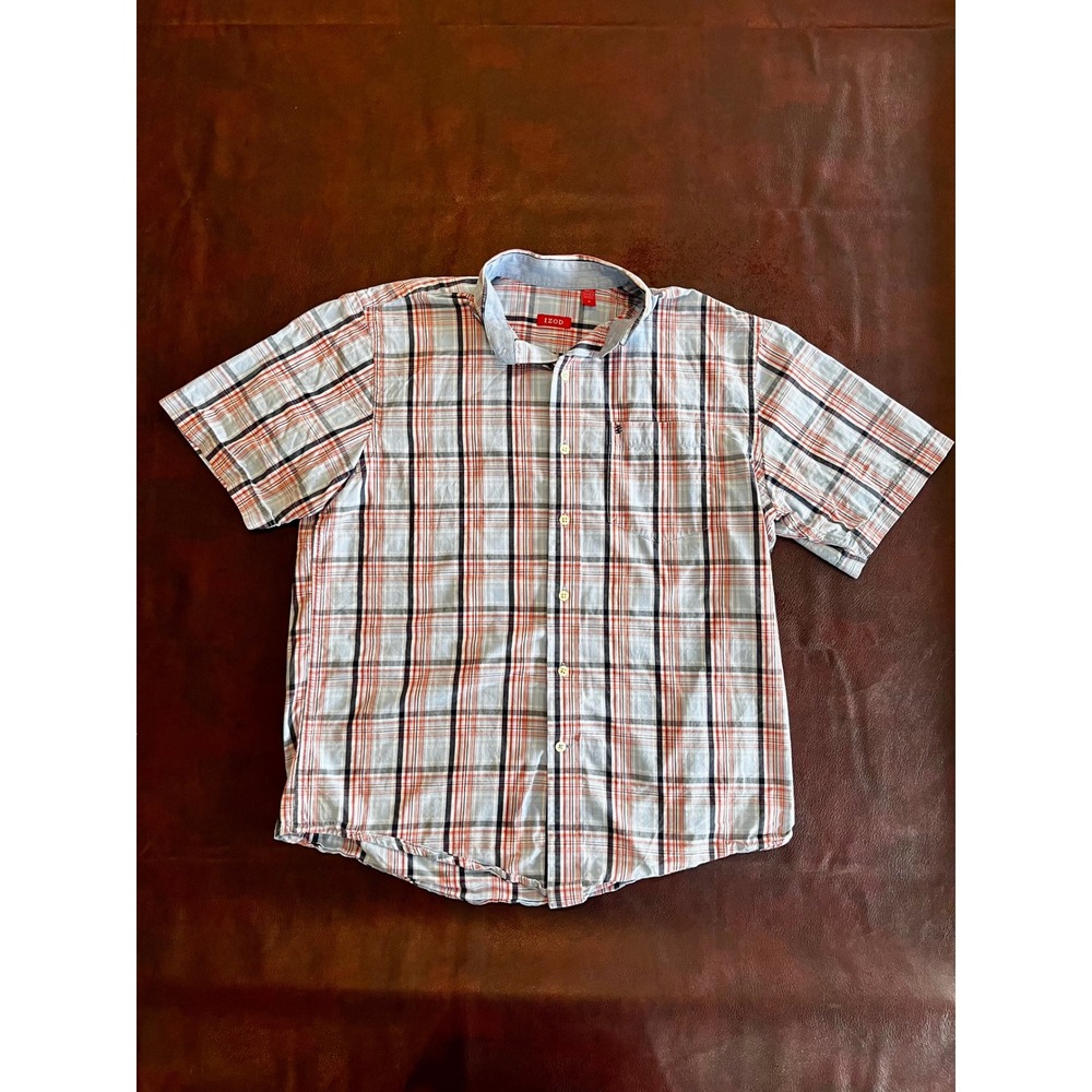 IZOD Mens Short Sleeve Button Down Shirt Plaid Blue Red Orange Size Medium